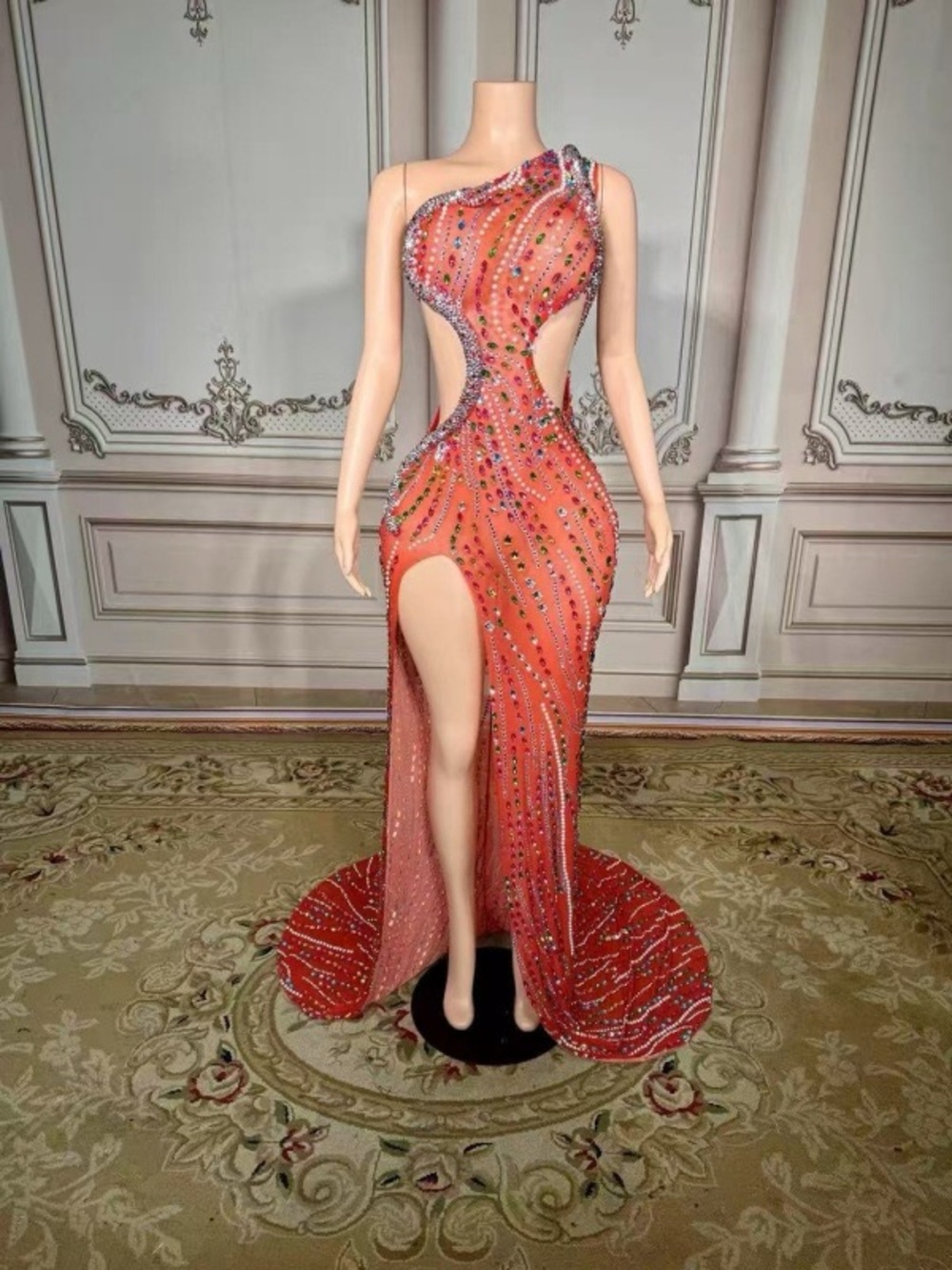 Crystal-Embellished One-Shoulder Evening Dress- Multiple Colors